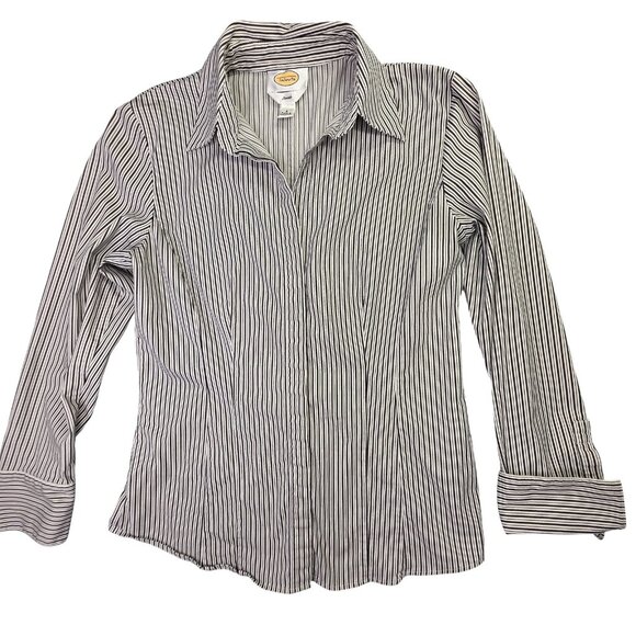 Talbots Shirt Womens 8 Small Black White Stripe Stretch Button Down Top Office - Picture 2 of 11